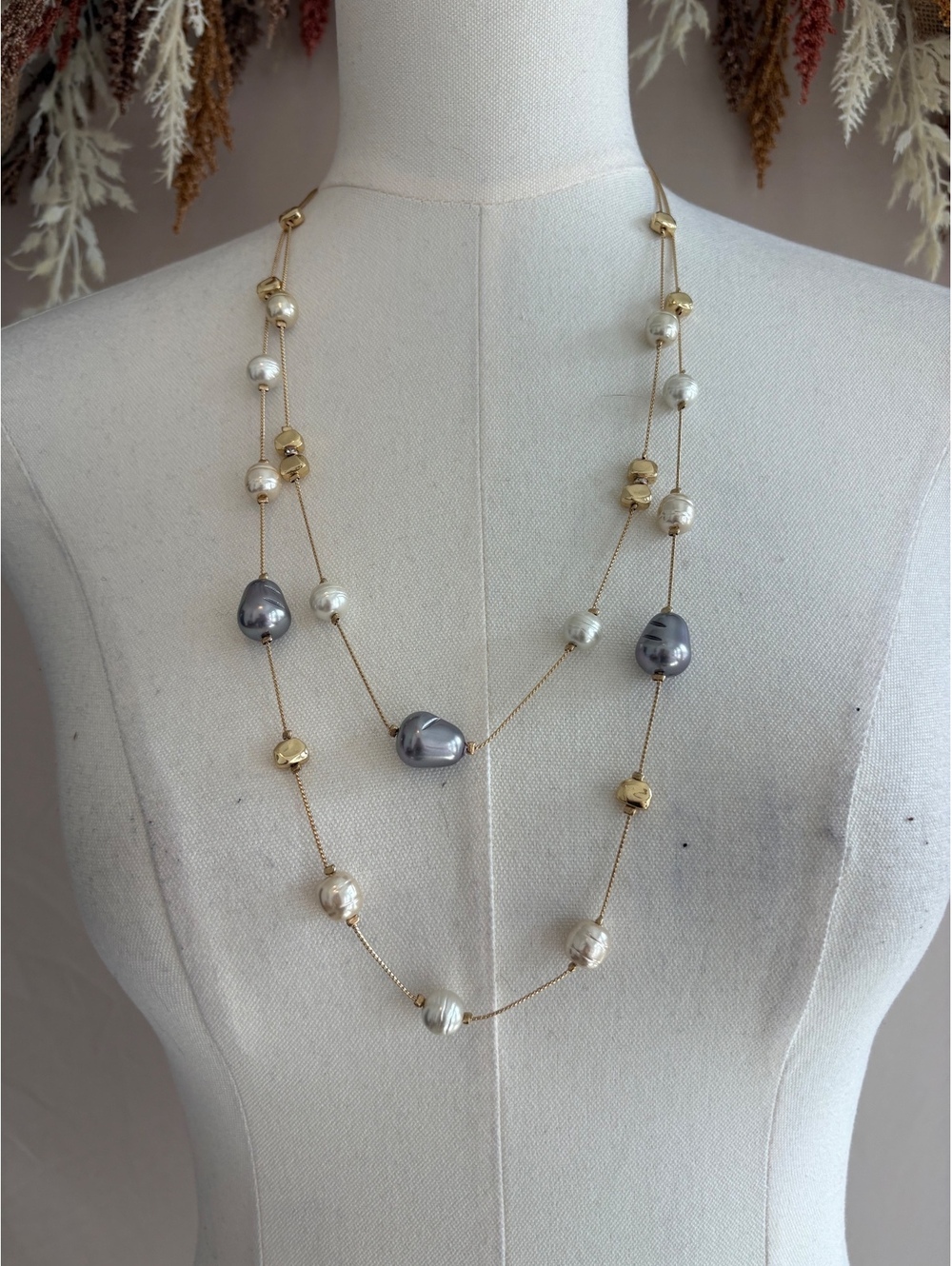 Long Layered Necklace with Mixed Gold and Pearl Beads